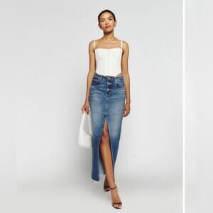 Reformation Tazz Maxi Denim Skirt NWT Blue Low-Waisted, Distressed Hem Sz. 24